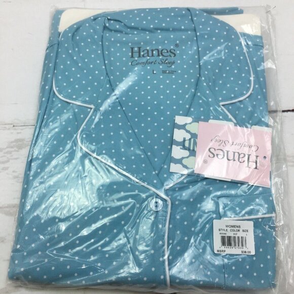 Muk Luks (Hanes) Notch Collar Sleepshirt Nightgown Polka Dot Pattern, Blue, L - Picture 2 of 5